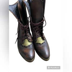Vintage brown leather Kiltie lace up Victorian boot engraved brass metal
